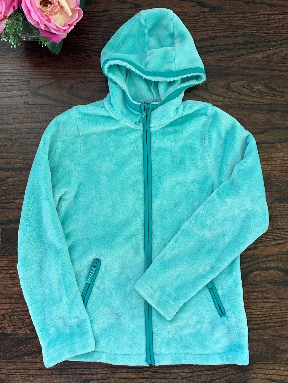Lands End super soft fleece hooded jacket, size L/14